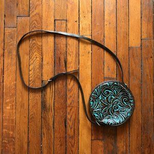 Patricia Nash Italian Leather Turquoise Brown Circle Cross Body Shoulder Bag